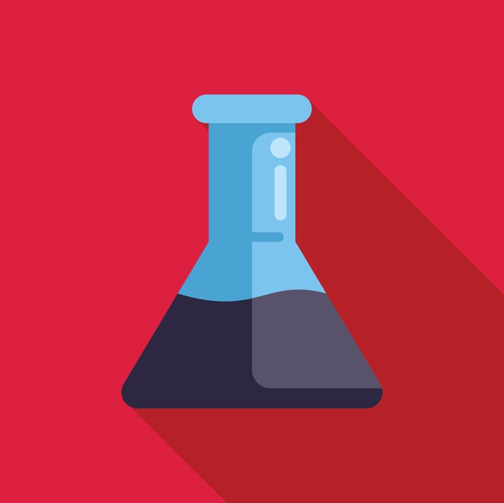 Laboratory glassware containing blue liquid casting long shadow on red background vector