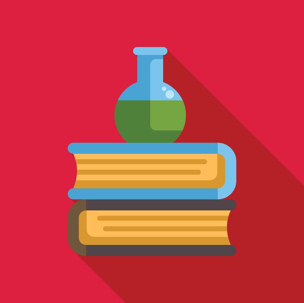 Round bottom flask standing on a stack of books for science education vector