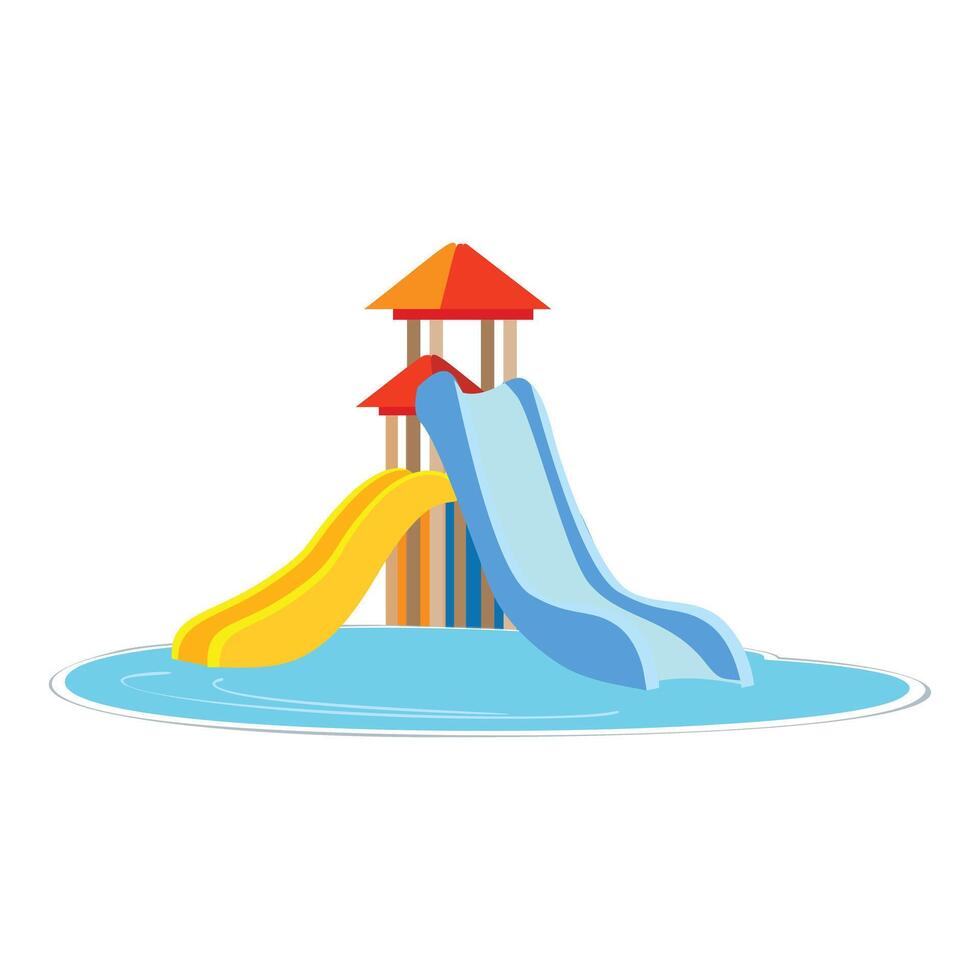 Two colorful water slides leading into swimming pool on white background vector