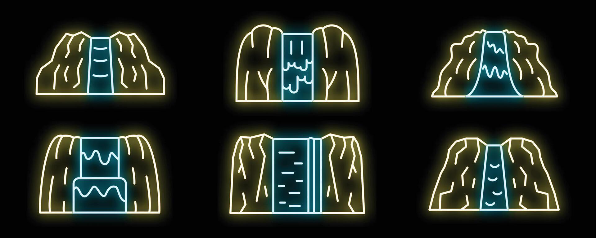 Set of neon waterfall icons glowing on black background vector