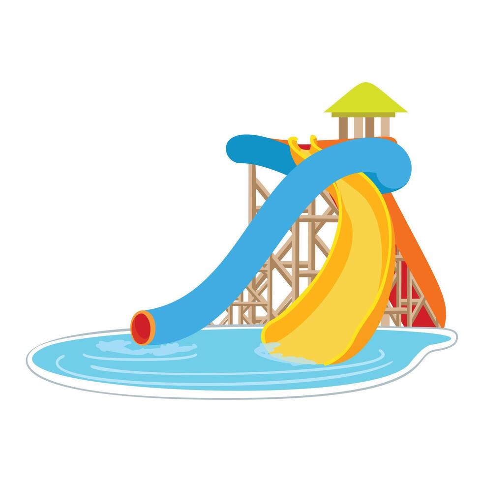 Two colorful water slides going into swimming pool on a sunny day vector