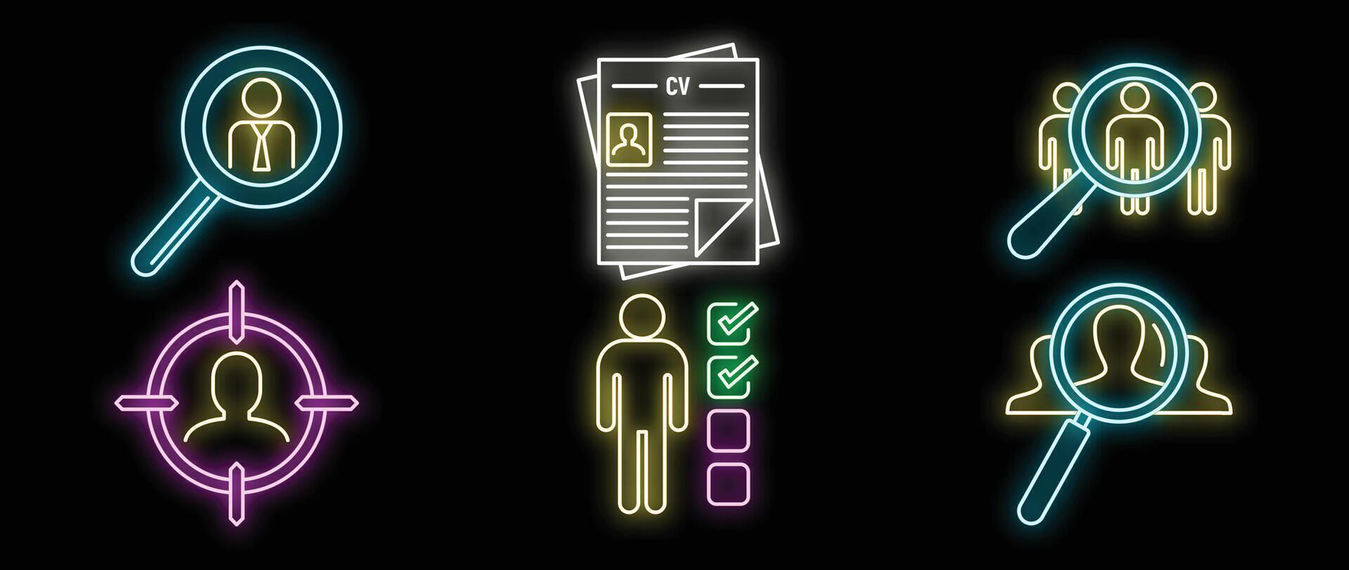 Neon icon set representing recruitment process with magnifying glass and candidates vector