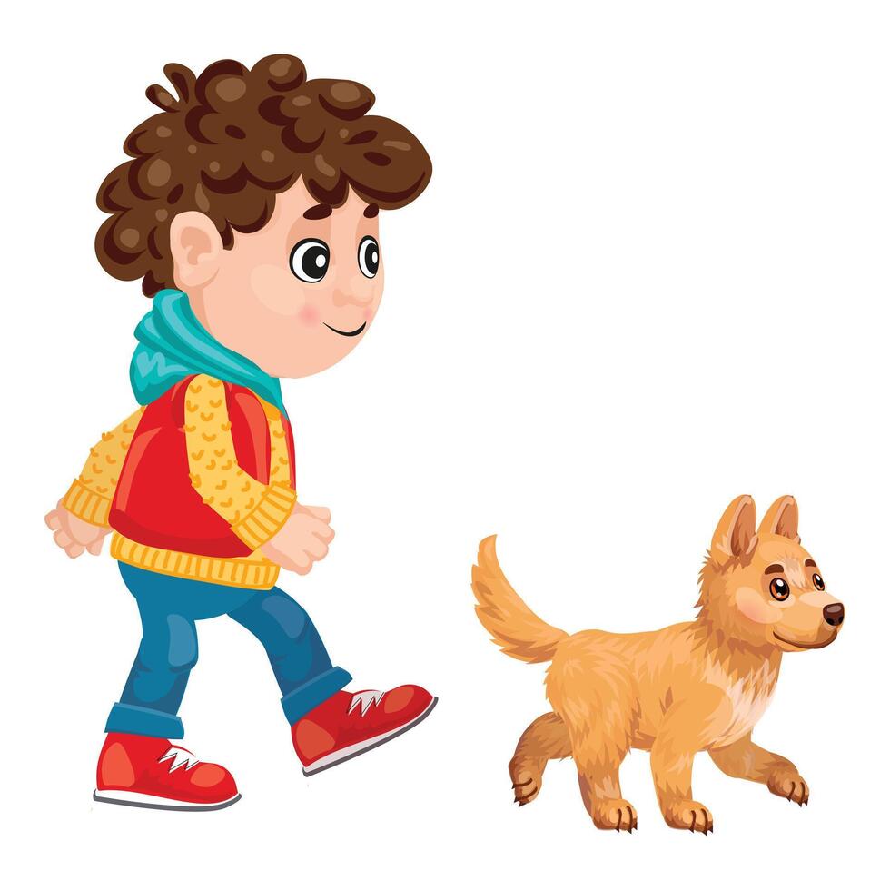Happy young boy walking with his puppy dog vector