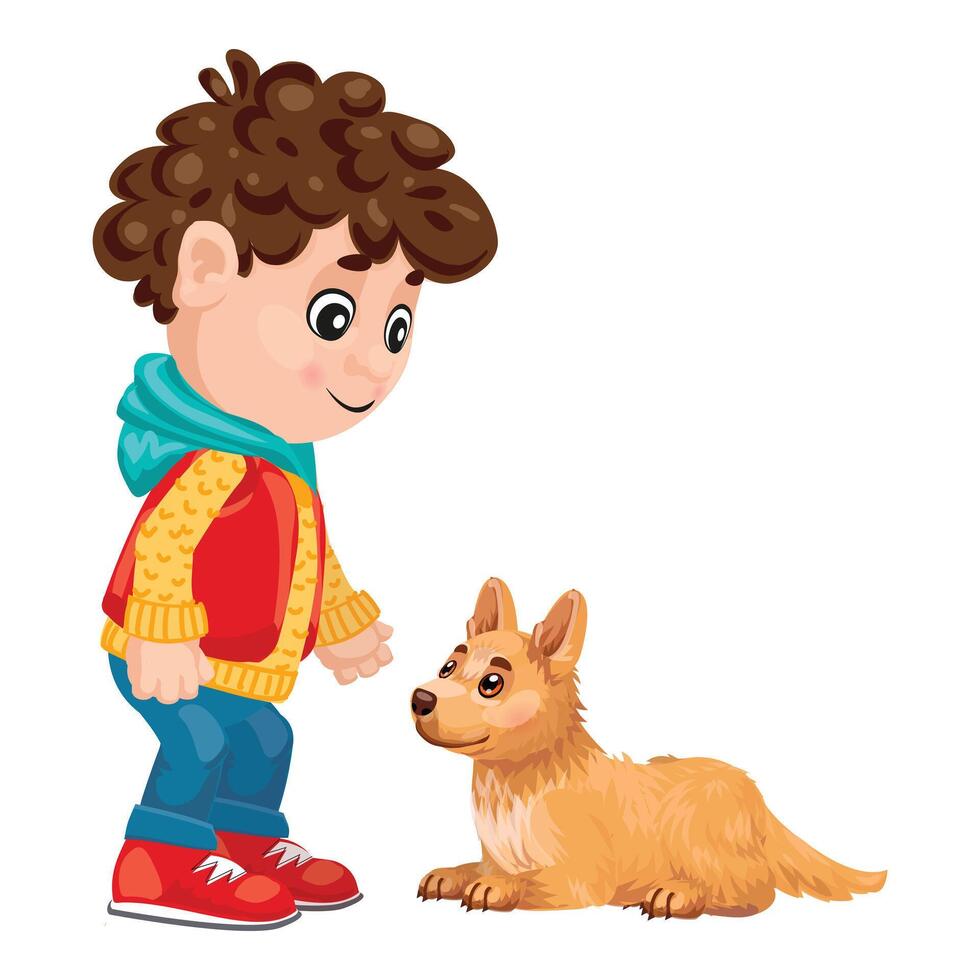 Little boy reaching out hand to his puppy dog vector