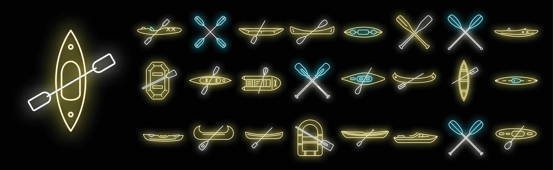 Set of canoe and kayak neon light style icons on dark background vector