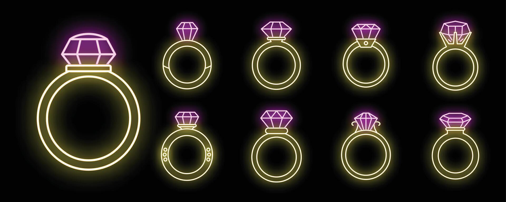 Set of neon glowing diamond rings on a black background vector