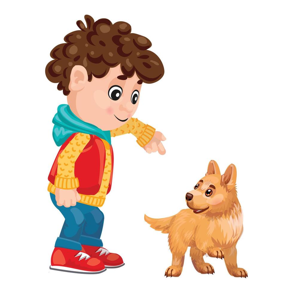 Happy boy pointing and training puppy dog vector