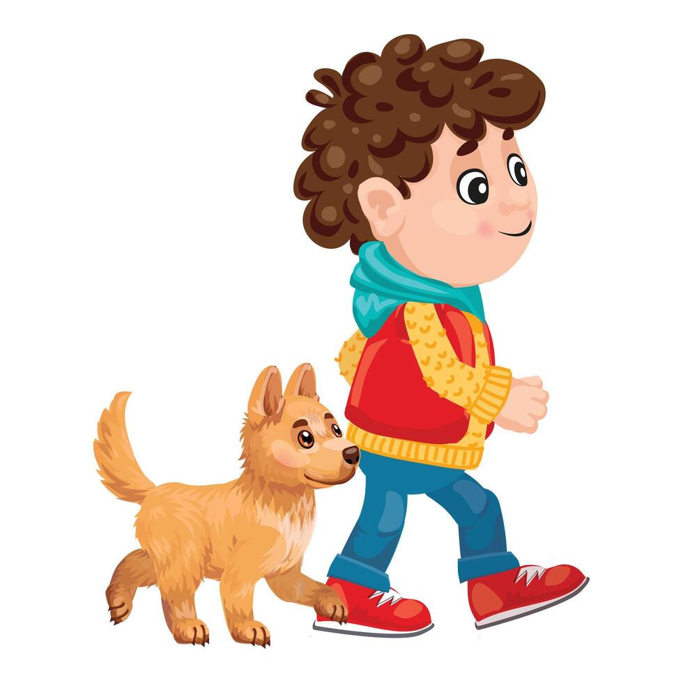 Happy boy walking with dog outdoors in winter clothes vector