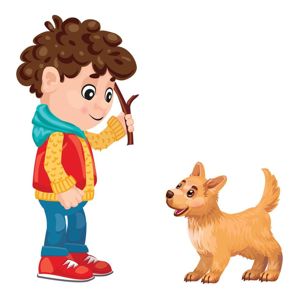 Boy holding stick playing with happy puppy dog vector