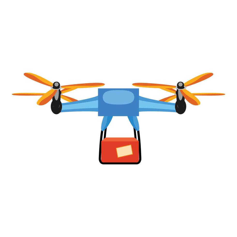 Blue delivery drone carrying a red package vector