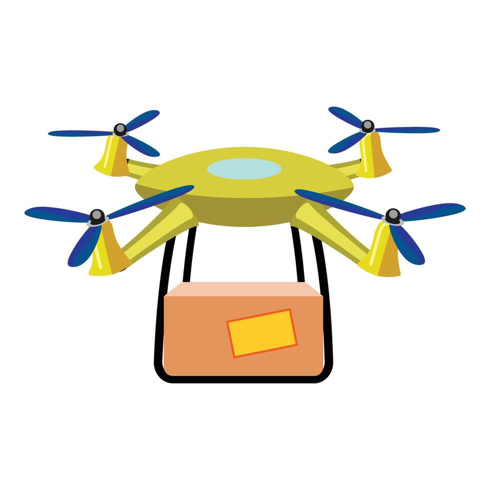 Yellow delivery drone is transporting a package vector