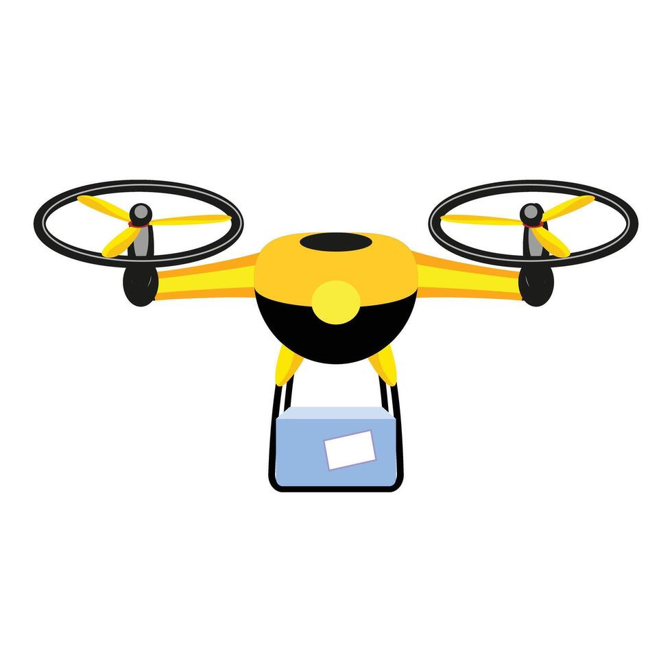 Yellow delivery drone carrying package with label vector