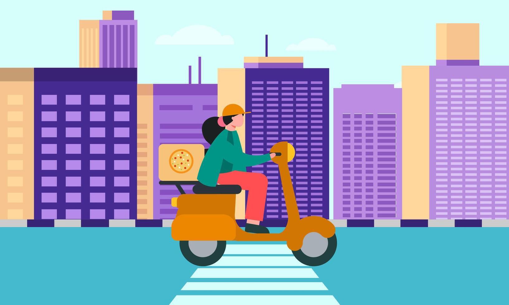 Cartoon pizza courier carries pizza on scooter. Pizzeria concept vector