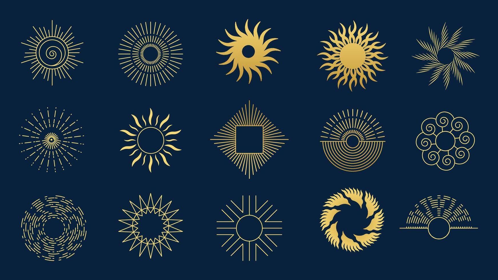 Collection of gold sun ray icon on navy blue background. vector