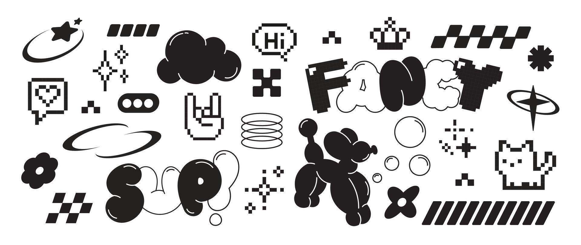 Hand drawn collection of pixel, fluffy, cat, hand, bubble, organic shape in black and white color. Design for print, cartoon, card, decoration, sticker. vector