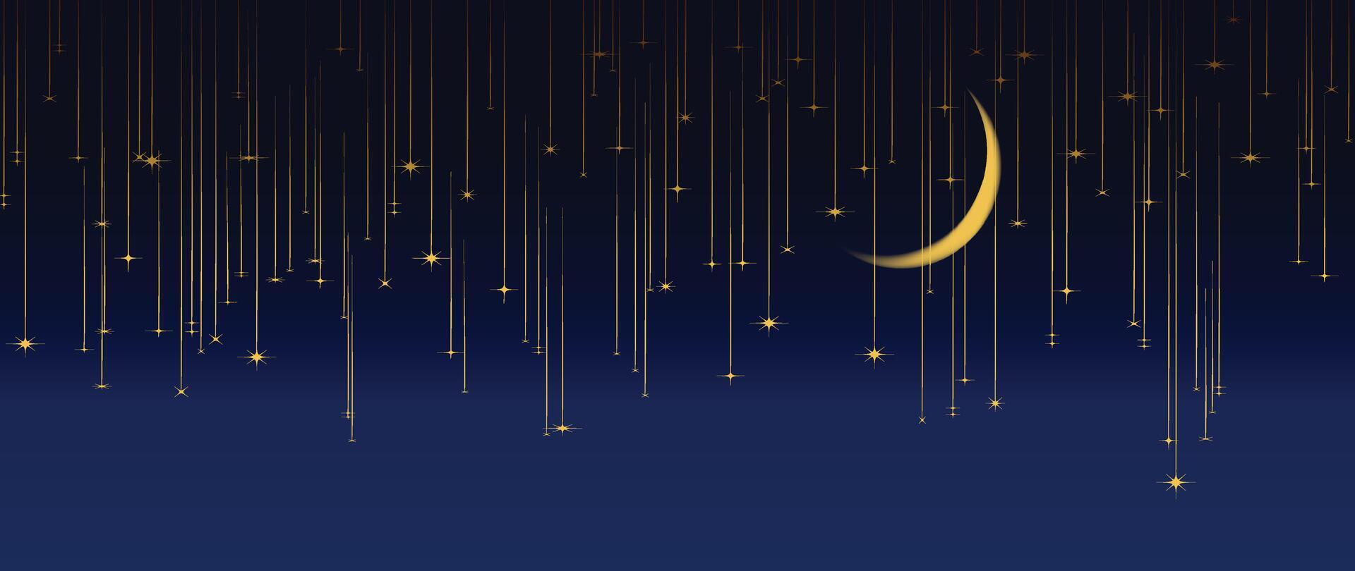 Elegant glittering gold Christmas meteor decorated with twinkling star, moon on blue background. Design for wallpaper, card, cover. vector