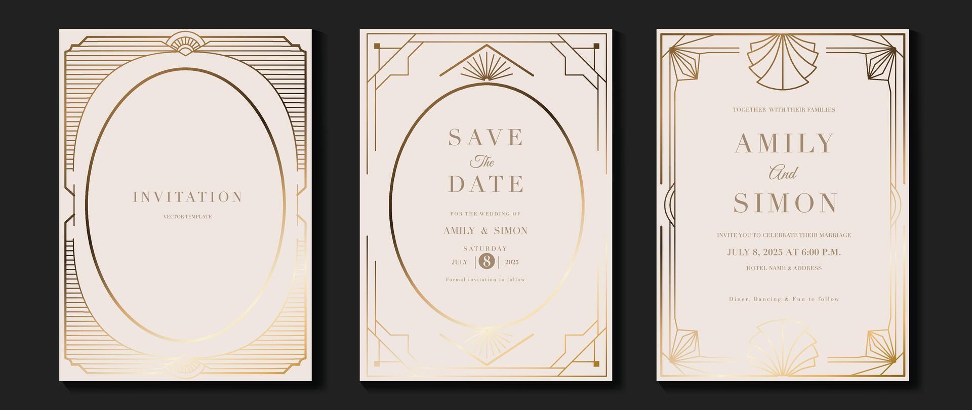 Elegant art deco classic antique design, gold lines gradient, frame on light background. Illustration for gala, grand opening, VIP cover. vector