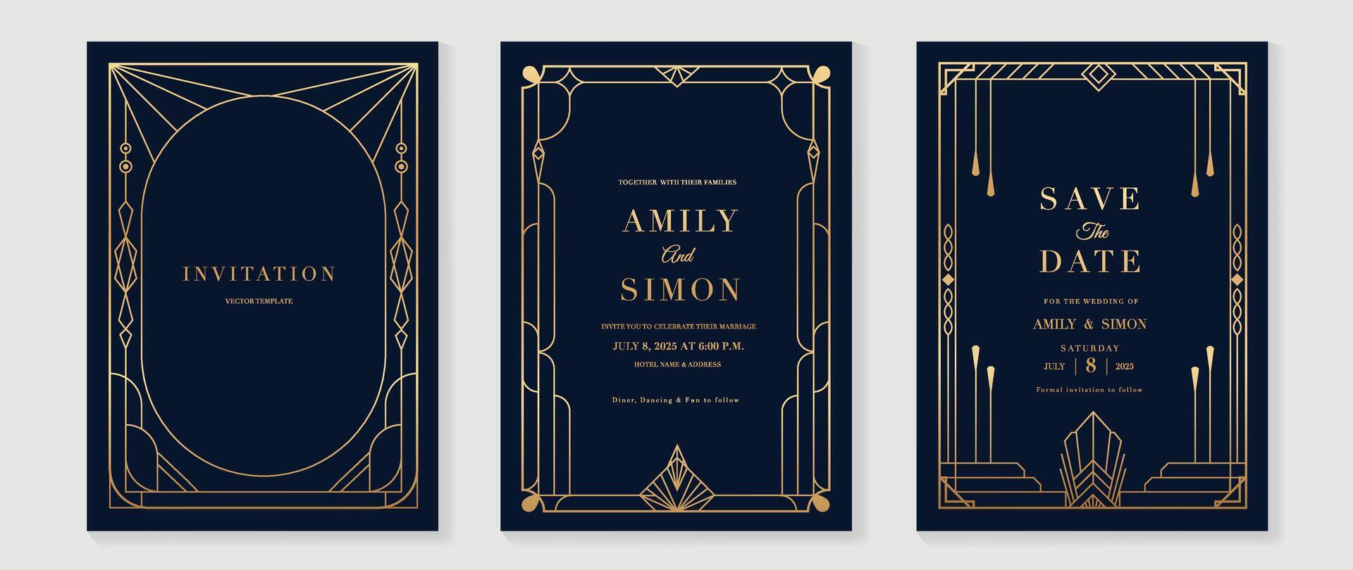 Elegant art deco classic antique design, gold lines gradient, frame on navy blue background. Premium design illustration for gala, grand opening vector
