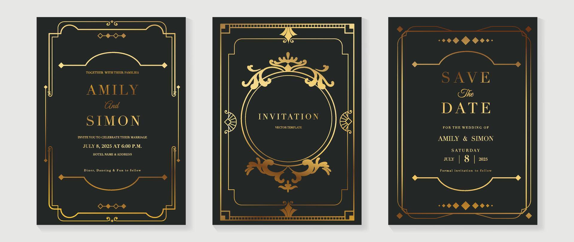Luxury wedding art deco classic antique design, gold lines gradient, frame on dark green background. Premium design illustration for gala, grand opening, VIP cover. vector