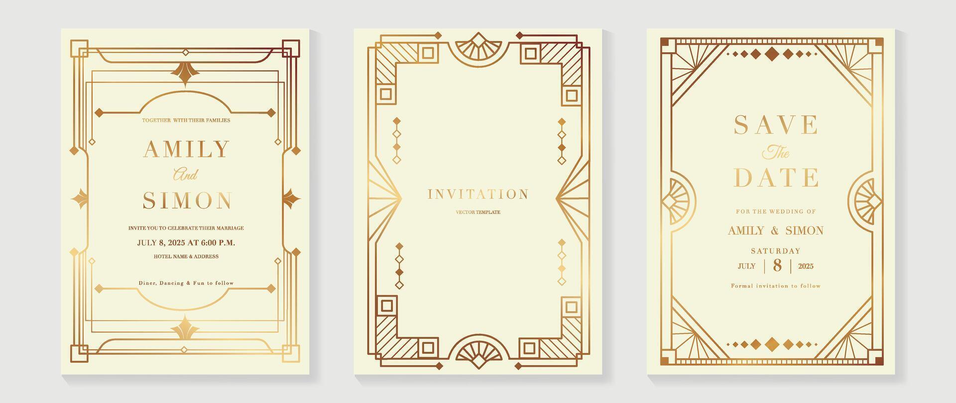 Elegant art deco classic antique design, gold lines gradient, frame on light background. Illustration for gala, grand opening, VIP cover. vector