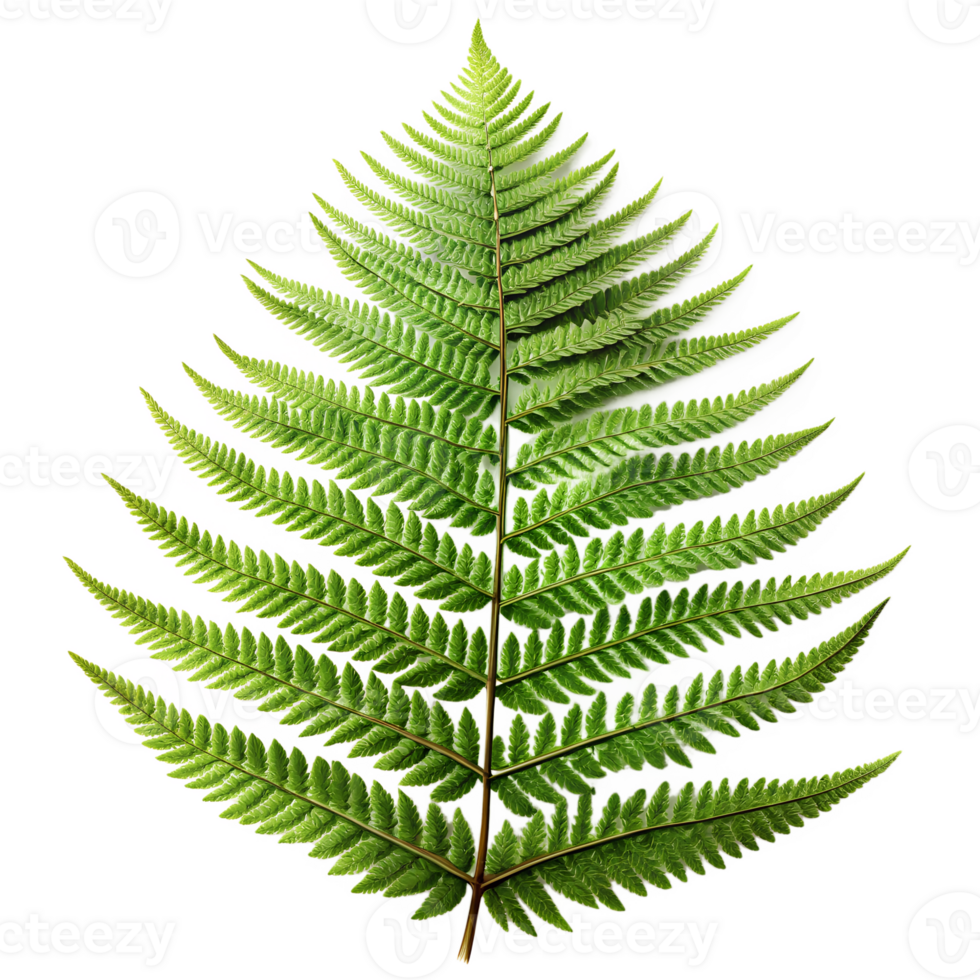 Hyper-realistic prehistoric fern leaf on a transparent background. Detailed texture with visible veins, natural green tones, and soft lighting to highlight the leaf's features. Ai png