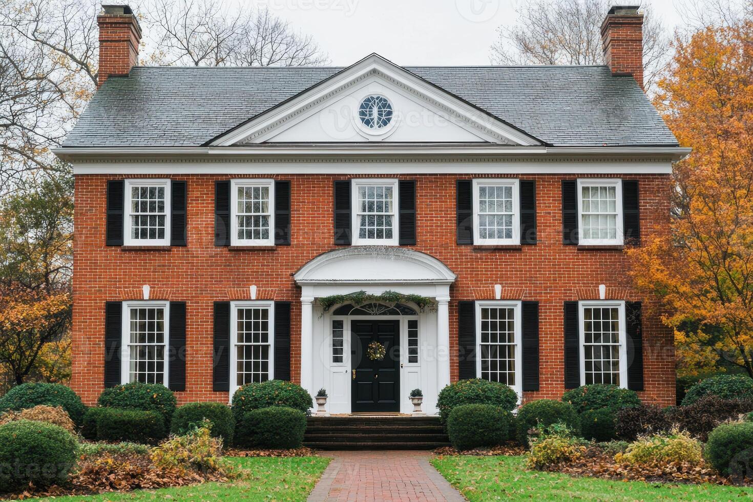 A classic brick house with a front porch, surrounded by greenery and autumn foliage. photo