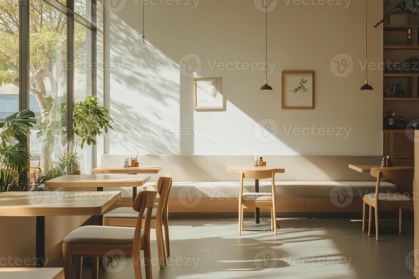 A bright, minimalist cafe interior with wooden furniture and natural light. photo