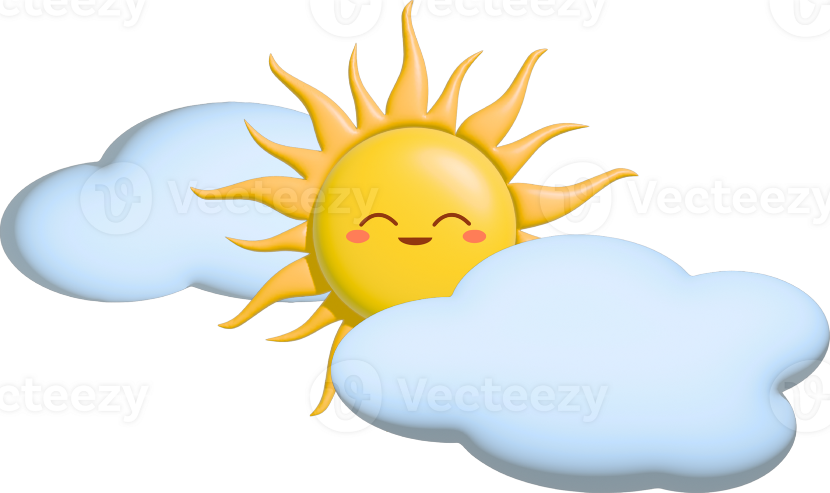 charming 3D icon of a cute, smiling sun with fluffy clouds in front and behind. The playful design features bright colors and soft shapes, ideal children's content, and summer-themed projects. png