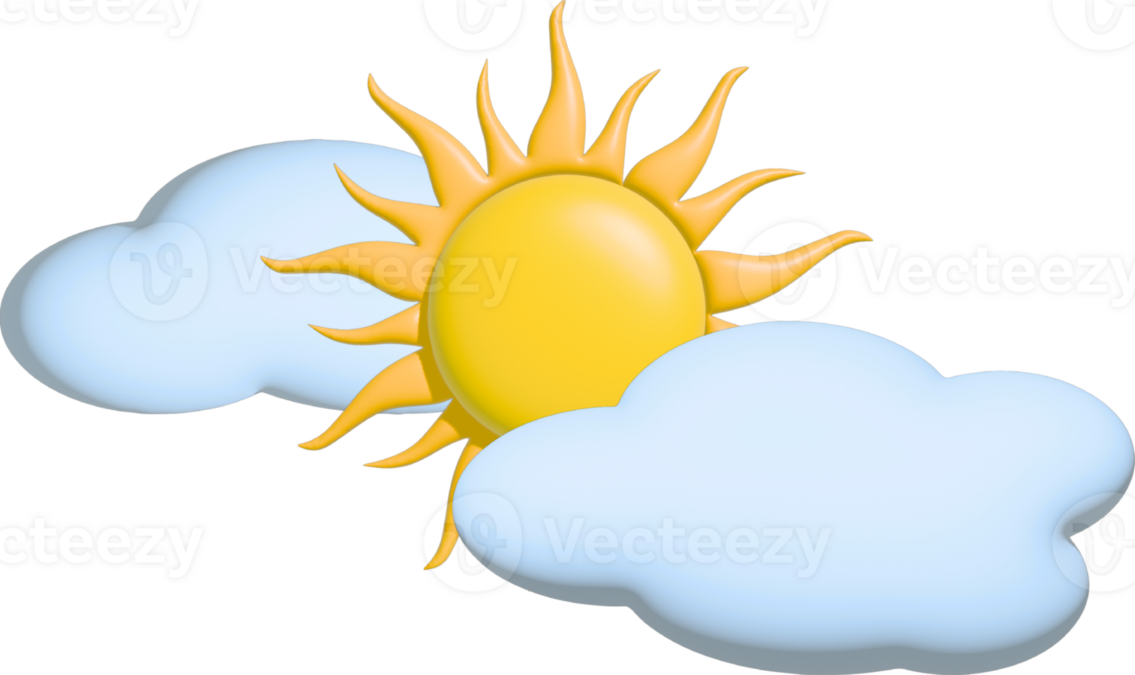 3D-rendered sun icon with fluffy clouds positioned in front and behind it. The cheerful design, featuring bright yellow and white colors, is ideal for weather apps, summer-themed projects. png