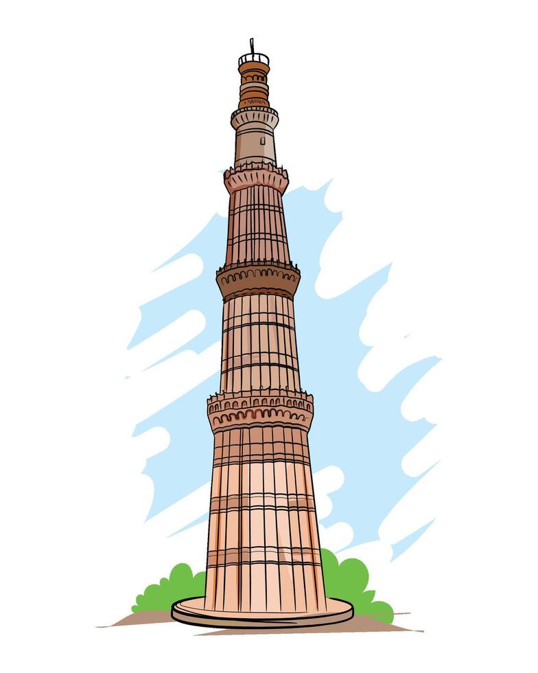 Qutub Minar, Delhi. most famous monument of India, tourist attraction, illustration. vector