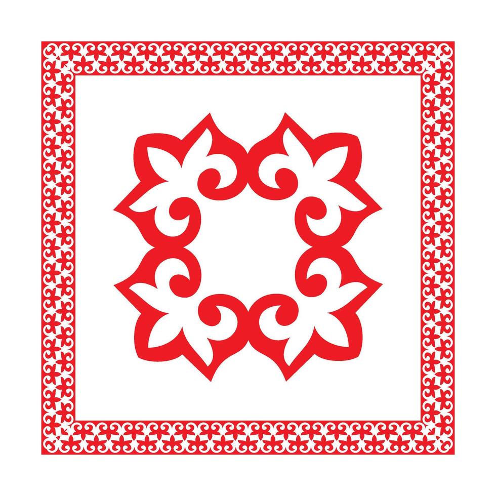 Red with white Square middle Asia national ornament. Ethnic pattern of the Kazakh, Kyrgyz, Mongols, Turkic, Kalmyks, Buryats. Square frame border, for textile, print design vector