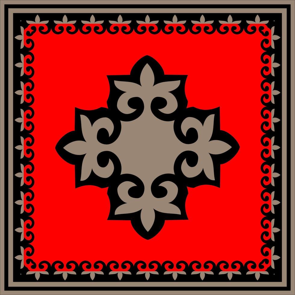 Golden with black and red Square Kazakh national ornament. Ethnic pattern of the Mongols, Turkic, Kazakh, Kyrgyz, Kalmyks, Buryats. Square frame border, for textile, print design vector