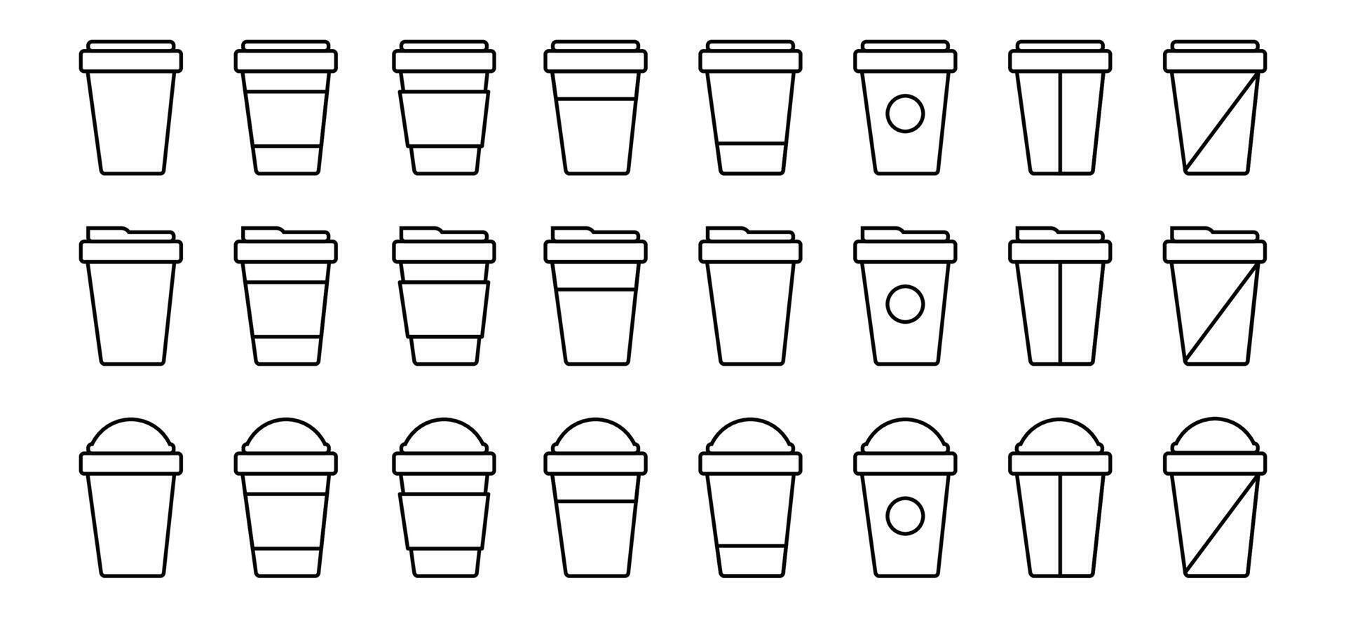 Coffee cup icons set in line style. Coffee paper cup, plastic container for hot and cold drink, juice, tea, cocoa and other. vector