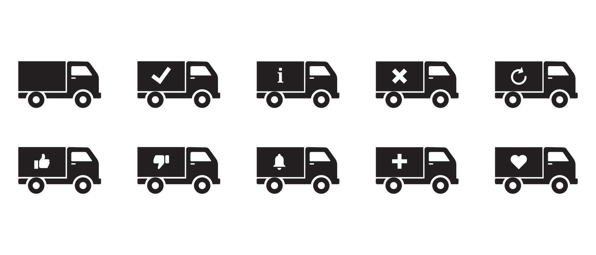 Express delivery trucks silhouette black icons pack. confirmation, approval, accept, information, reload, like, dislike, notification, plus vector