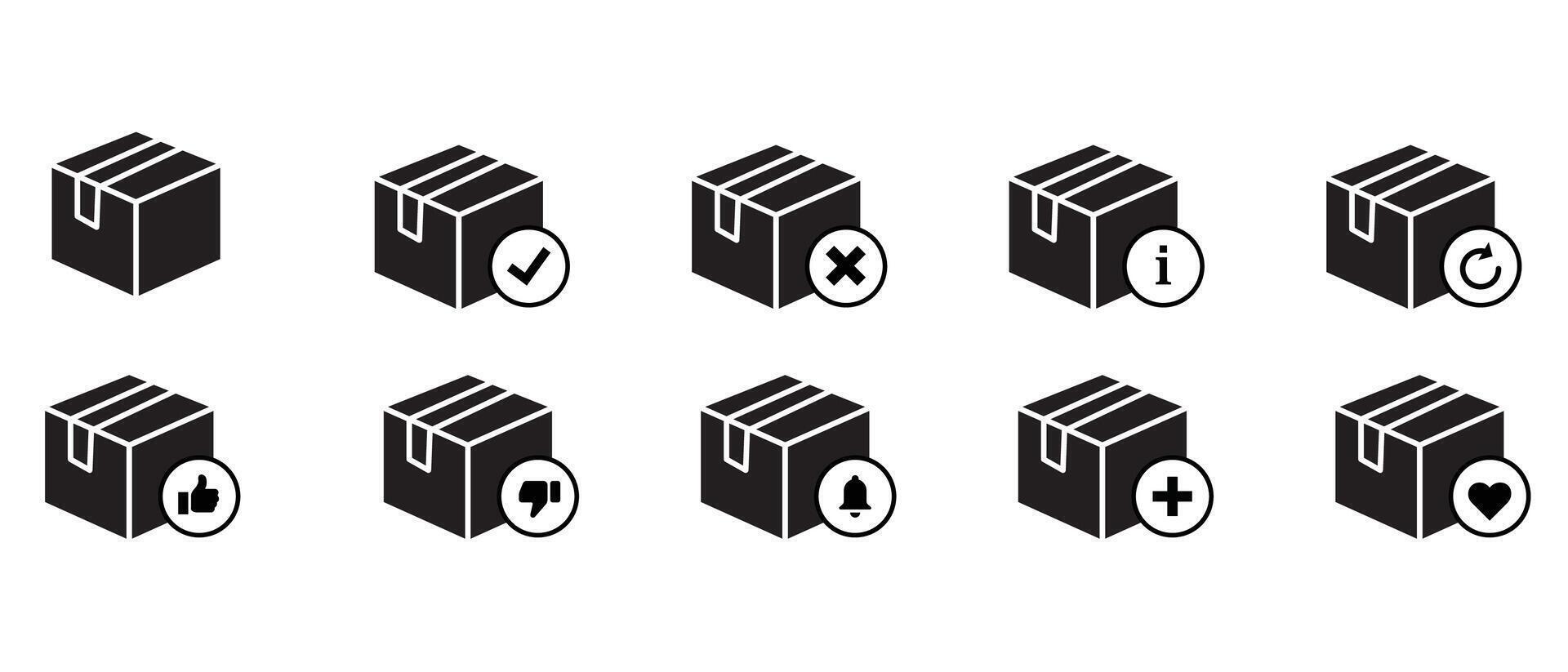 Carton Parcel Box delivery silhouette black Icon pack. confirmation, approval, accept, information, reload, like, dislike, notification, plus vector