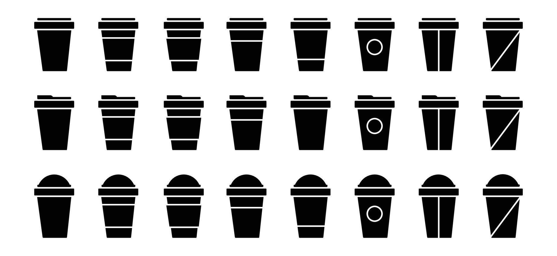 Coffee cup icons set in flat silhouette style. Coffee paper cup, plastic container for hot and cold drink, juice, tea, cocoa and other. vector