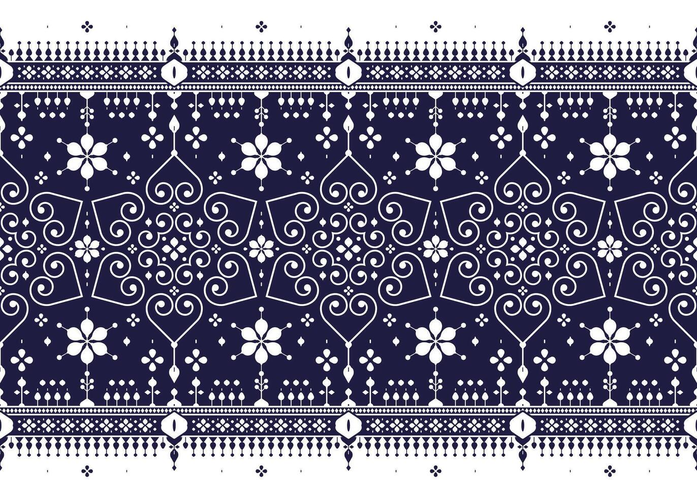 White geometric ethnic fabric seamless pattern on dark blue background, design for cloth, carpet, batik, wallpaper, wrapping etc. vector