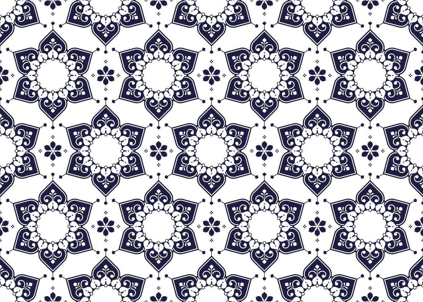 dark blue symbol floral on White background, ethnic fabric seamless pattern, design for cloth, carpet, batik, wallpaper, wrapping etc. vector