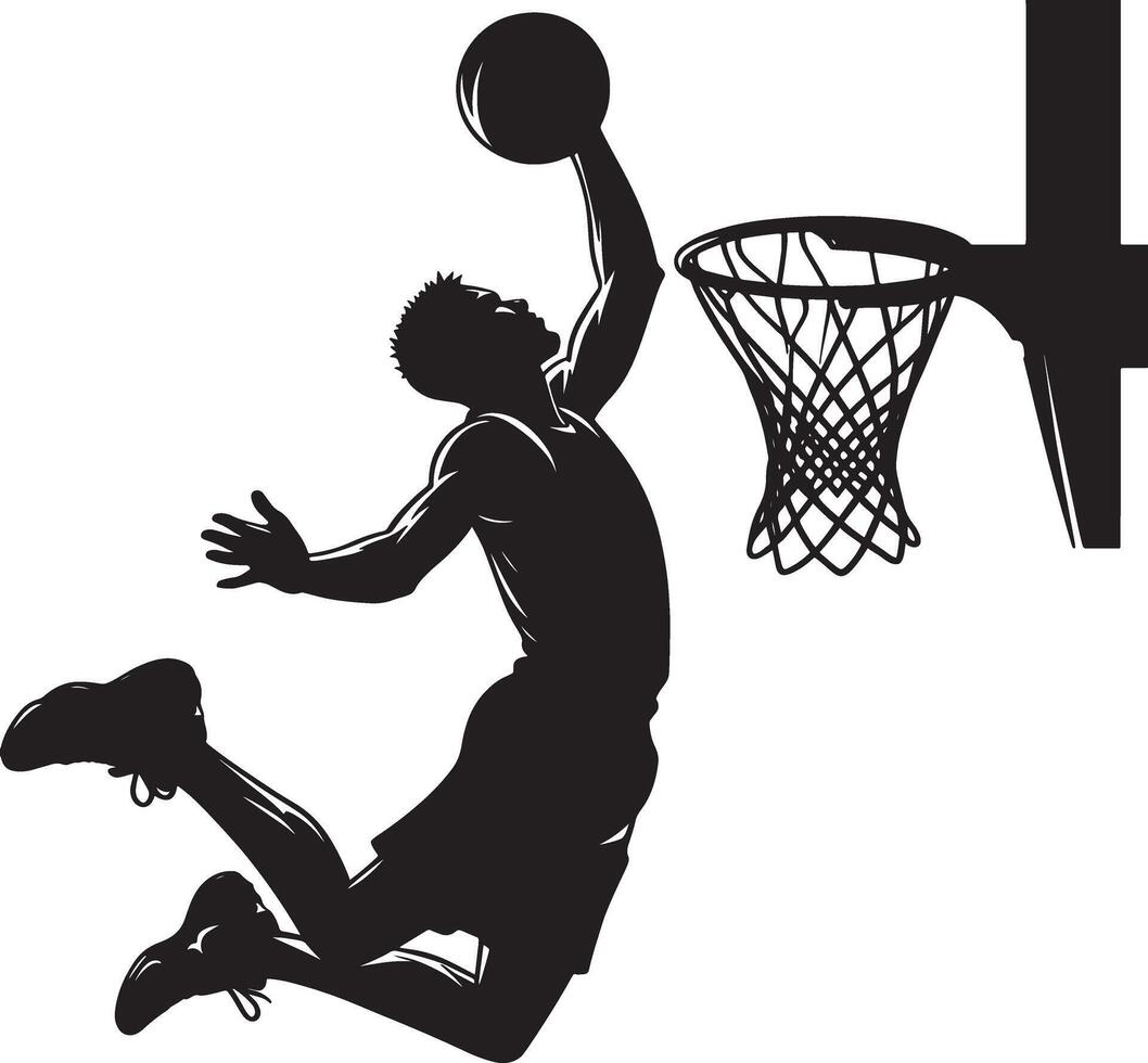 A basketball player executing a slam dunk. vector
