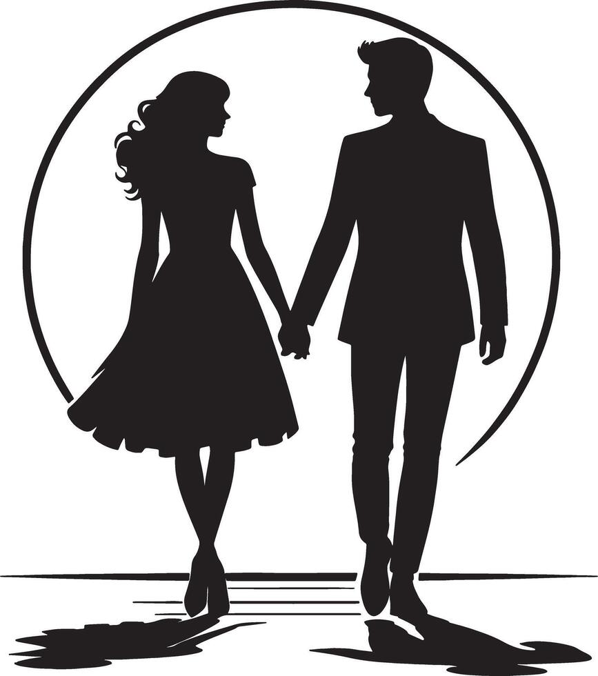 A silhouette of a couple walking hand in hand. vector