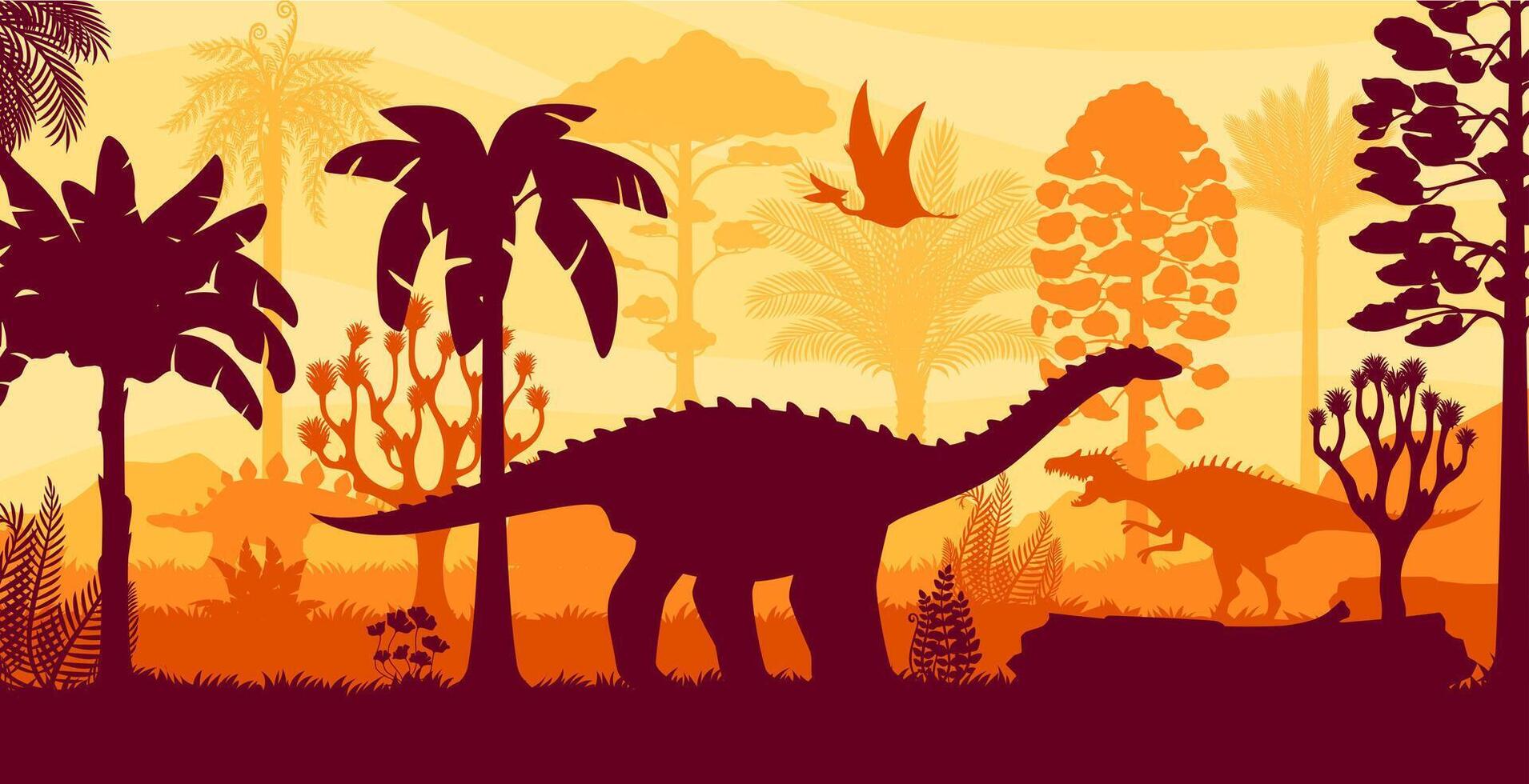 Prehistoric dinosaurs silhouettes in jungle forest vector