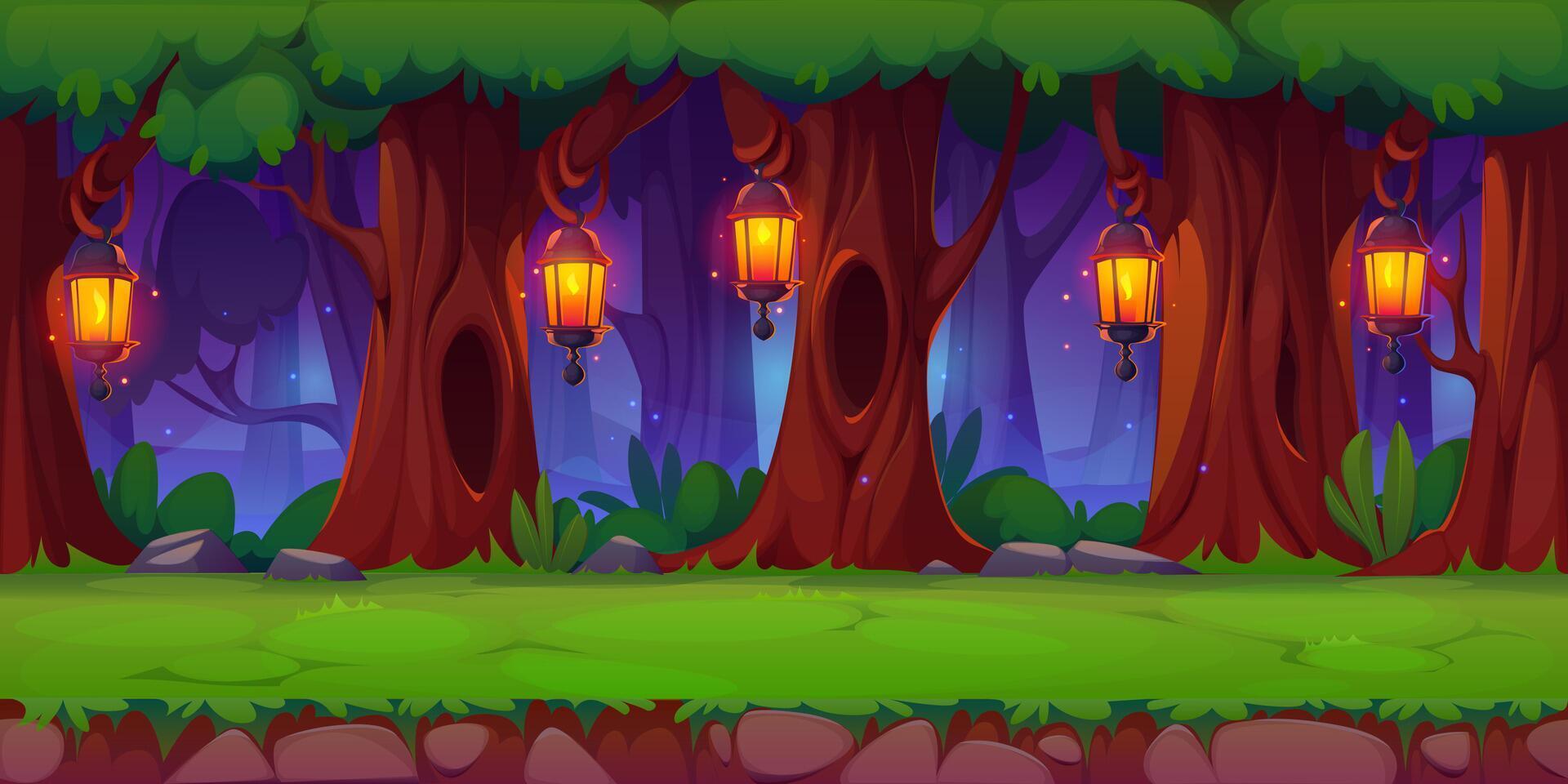 Night forest game landscape with magic lanterns vector