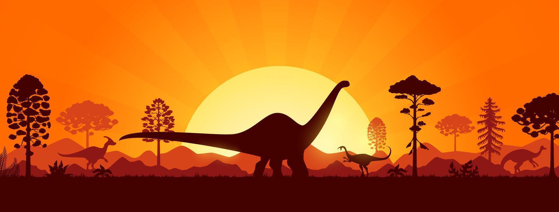 Jurassic era sunset landscape, dinosaur silhouette vector
