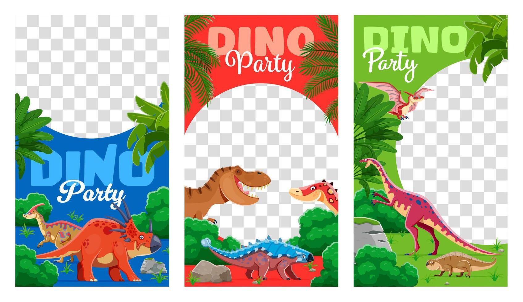 Kids party social media templates, funny dinosaurs vector