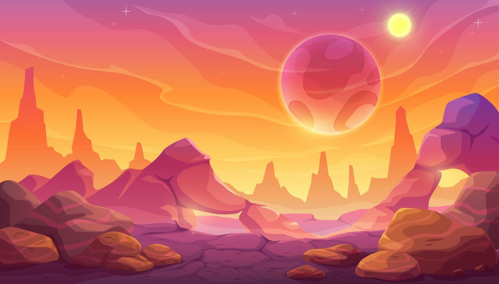 Cartoon alien space planet surface, fantastic mars vector