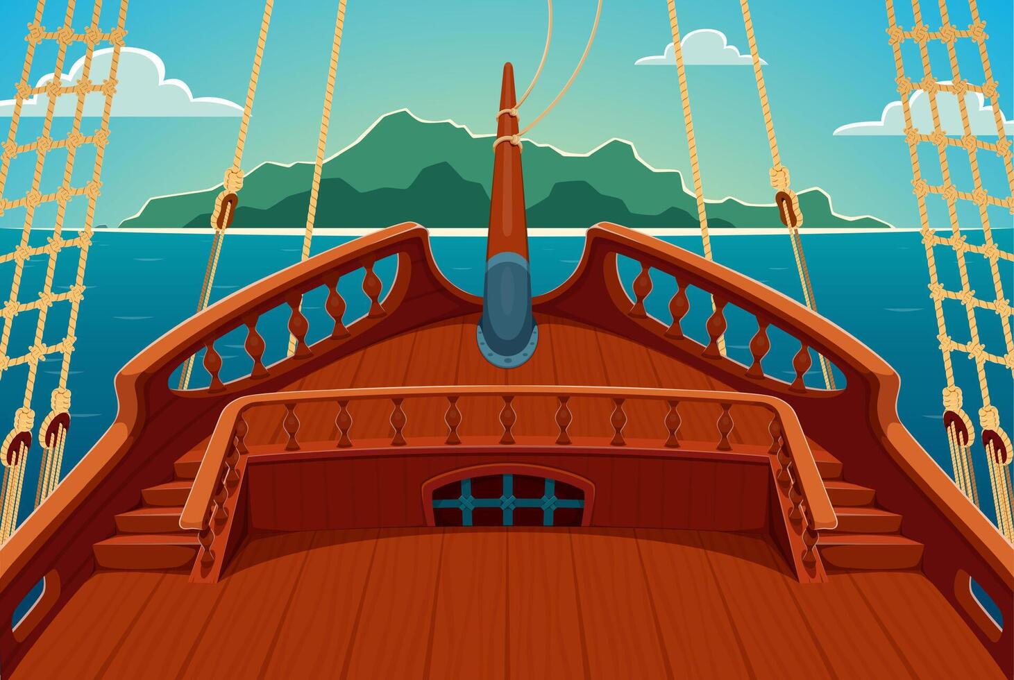 Pirate ship deck with rope ladders and railings vector