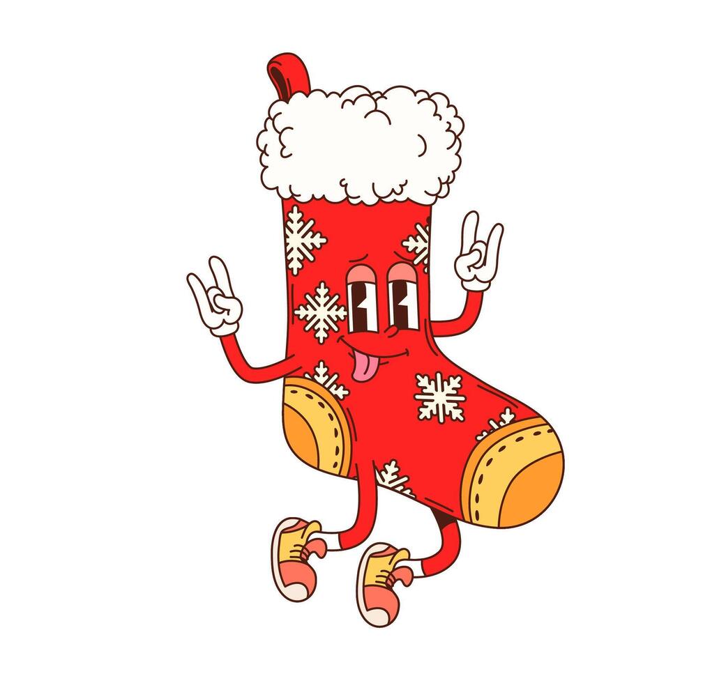 Groovy Christmas stocking with rock hand gestures vector