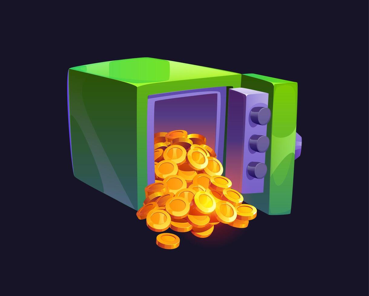 Cartoon strongbox safe with spilling golden coins vector