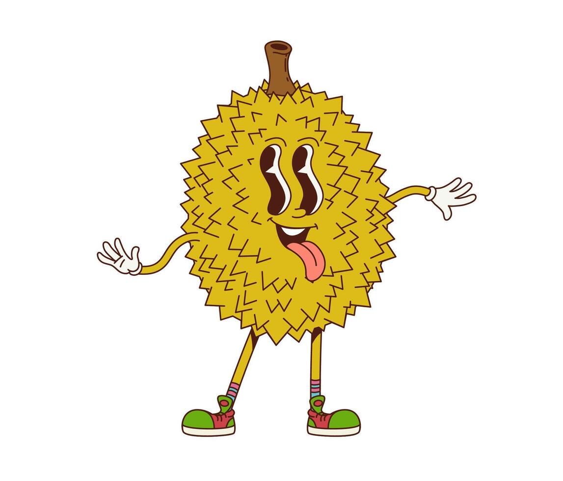 Cartoon retro groovy durian fruit character vector