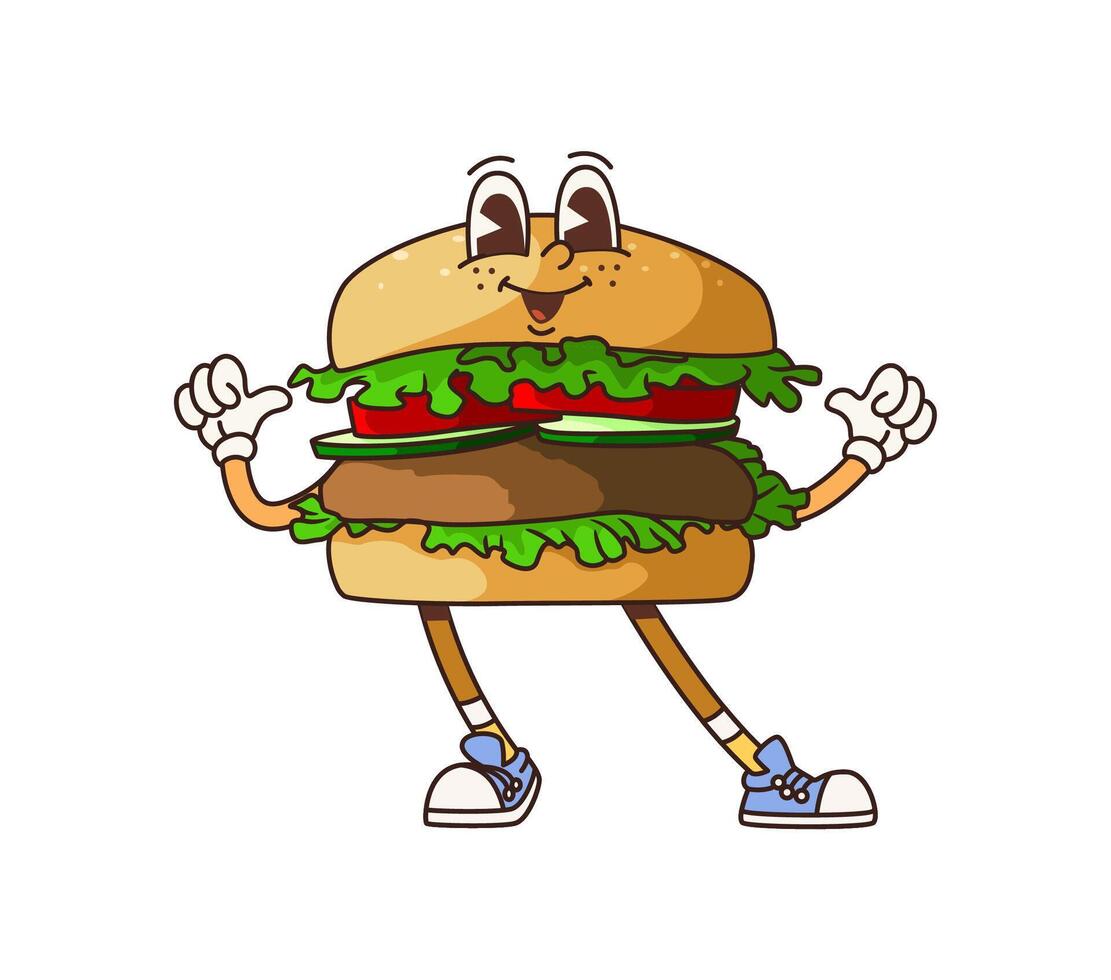 Groovy fast food burger cartoon retro character vector